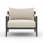 Front view of Sherwood outdoor chair highlighting wide cushions and bronze frame