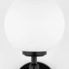 Close-up front view of white frosted globe shade on matte black metal wall sconce