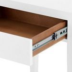 Open drawer interior in natural wood with metal drawer slide hardware visible on side