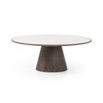 Side view highlighting tapered wooden base and thin marble tabletop profile
