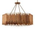 Backside of chandelier showing metal rods converging at ceiling mount