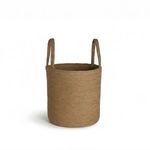 Side angle view of natural bamboo basket showing woven texture and open top