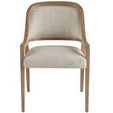 Avaline Arm Chair with slender wood legs and gently curved back upholstered in light beige fabric