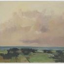 Serene landscape painting with muted beige and green tones depicting a cloudy sky above soft impressionistic fields