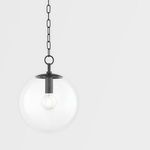 Juliana Small Pendant with clear glass globe and Old Bronze steel fixture hanging from a linked chain