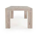 View from narrow end showing thickness of legs and tabletop planks with rustic wood texture