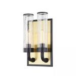 Soriano 2 Light Wall Sconce with two clear textured glass cylindrical shades on curved black arms against a rectangular go...