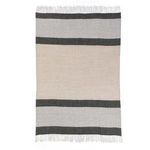 Full throw laid flat displaying color variation with beige center panel and black and gray stripes at edges