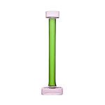 Tall glass candle holder with green cylindrical stem and pink rounded base and top