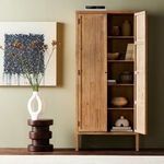 Open Knightdale Brown Wooden Cabinet styled in room with neutral wall and natural décor accents