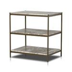 Nightstand shown at a slight angle highlighting slim brass frame and layered marble shelving
