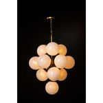 Warm swirl glass chandelier glowing softly against black background