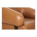 Close-up of rounded armrest and seat junction with visible leather grain and stitching