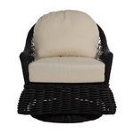 Front-facing view of Soho swivel glider showing wide seat and woven resin wicker base