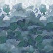 Close-up of wallpaper showing textured watercolor details in blue and green tones