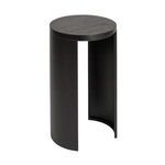 Luna Black End Table with round black wood top and minimalist curved metal base in matte finish