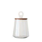 Ellie Glass Jar with clear tapered glass body and a round mango wood and marble lid with circular handle