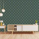 Wallpaper applied to a living room wall with mid-century modern furniture and hardwood flooring