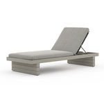 Grey outdoor chaise reclined with cushion texture appearing finer knit, showing open slat sides