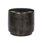 Classic drum-shaped outdoor end table with small plinth base in distressed bronze finish