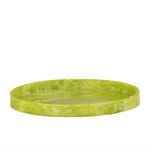 Large round tray in vibrant green resin with a glossy marbled finish and raised rim