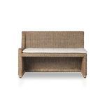 Three-quarter rear angled view showing bench back and side rattan weave wrapping