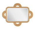 Studio front-facing view of rectangular mirror with natural rattan frame and looped handle accents