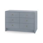 Bryant Linen extra large six-drawer dresser in soft blue-gray with antique brass ring pulls and inset base