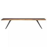 Side profile of Vega Dining Bench showing thin wood seat and metal legs angle
