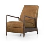 Profile view showing olive green leather seat and angled backrest with dark wood frame