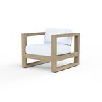 Coastal Teak Club Chair with solid teak frame in warm grey finish and white cushions with clean modern lines