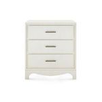 Front view of Barrett 3-drawer side table showing three metal handles centered on drawer fronts