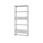 Tall contemporary etagere in clear lacquered cerused oak with gray-washed grasscloth drawers and polished nickel pulls