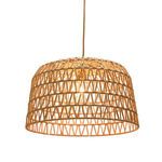 Pendant light illuminated, casting warm light through natural tan woven paper rope