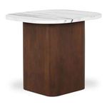 Dash accent table angled view showing curved edges and solid wood base