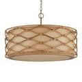 Side view emphasizing circular rattan frame and fabric diffuser atop wood grain bottom panel