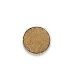 Top view showing circular woven pattern and black trim around the rim of bamboo stool