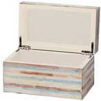 Decorative box with lid open showing smooth cream interior and silver hinges