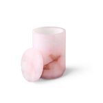 Pink alabaster cylindrical canister with lid removed showing smooth polished surface and natural veining