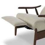 Close-up of smooth curved wooden paddle arm resting over fabric upholstery on Jarvis Recliner