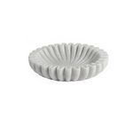 White fluted marble bowl with sculpted ridges and subtle veining, shallow round shape with a refined finish