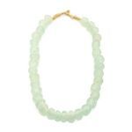 Sea glass beads in pale aqua with close-up on rough twine closure highlighting natural bead imperfections