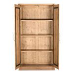 Front view of fully open Tade tall cabinet displaying three shelves and wood interior