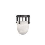 Straight-on view showing flush mount’s alabaster shade and iron frame from slight right angle