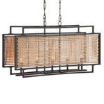 Rectangular chandelier with black metal frame and natural rattan radio weave panels on front and back