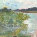 Serene impressionistic landscape capturing a river at sunrise with soft brushstrokes in greens, blues, and warm pastels