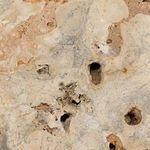Close-up of table surface showing small holes and light color marbling of natural travertine