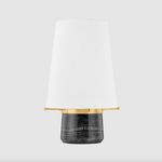 White background studio shot showing lamp front with fabric shade and smooth dark marble base
