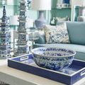 Conor Classic Lamp styled on table in blue and white room setting with matching decor