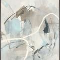 Abstract painting with soft beige, light blue, gray tones and white curved lines in an espresso brown float frame